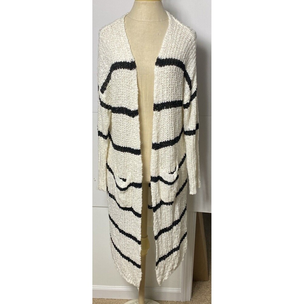 Fashion On Earth Knit Open Cozy Strip Long Cardigan With Pockets Size M